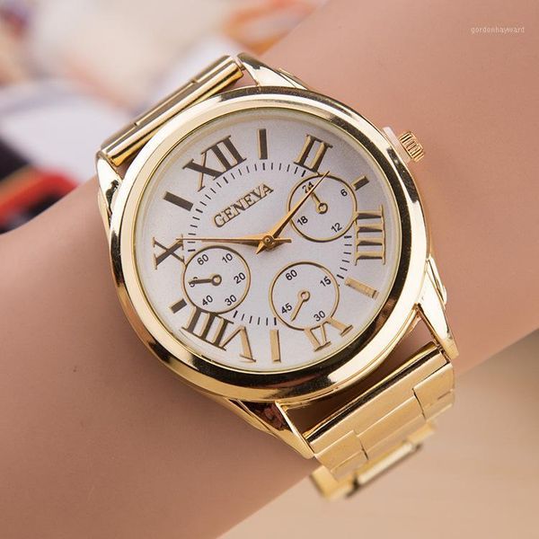 

wristwatches 2021 brand 3 eyes gold geneva casual quartz watch women stainless steel dress watches relogio feminino ladies clock, Slivery;brown