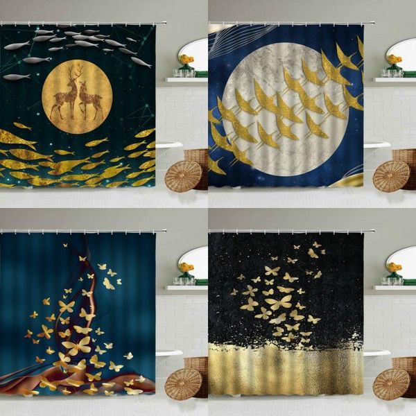 

shower curtains abstract golden bird butterfly elk fish curtain blue texture bathroom waterproof polyester home decoration set