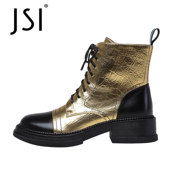 

boots jsi casual style ankle woman patchwork punky round toe low square heel zipper golden black lady shoe jo727