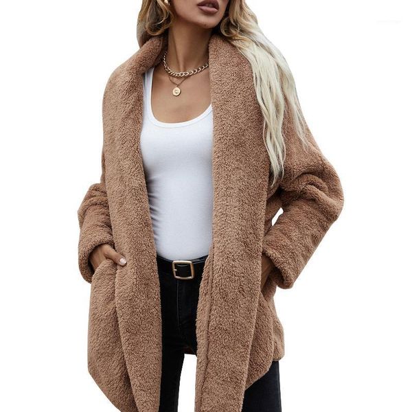 

women's fur & faux women coats fluffy jackets winter warm female jacket oversized fleece cardigan casual teddy coat 2021, Black