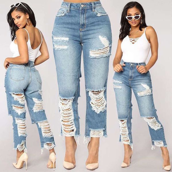 

hole pants trendy high waist, Blue
