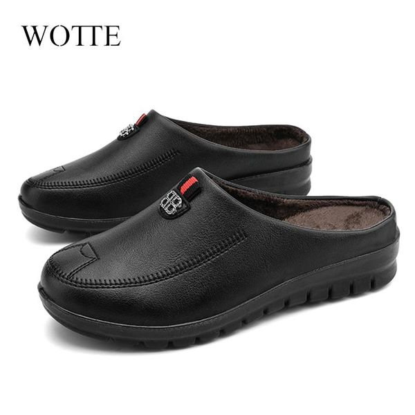 

slippers women pu leather waterproof winter plush warm comfortable wedge mother shoes fashion solid color slip on loafers, Black