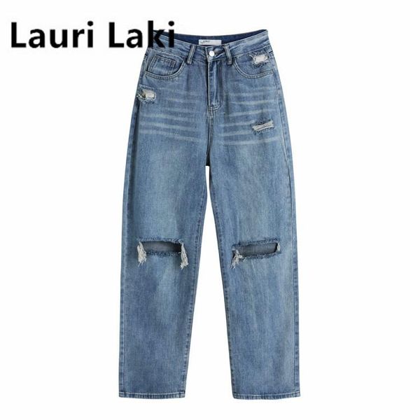 

lauri laki straight ripped jeans for women streetwear plus size retro boyfriend mom high waist 2021 wide leg denim pants women's, Blue