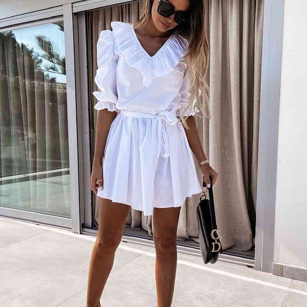 

casual dresses solid white v neck ruffle women summer arrival half sleeve a-line high waist mini fashion female vestidos any1, Black;gray