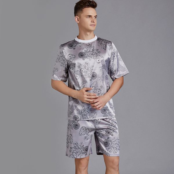 

yaoting new men's pajamas short sleeve thin ice silk summer round neck home wear loose large size suit, Black;red