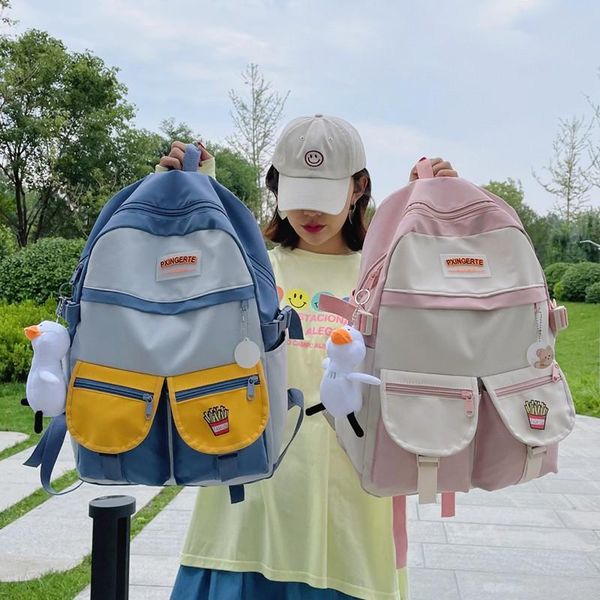 

school bags summer fashion women's backpack canvas contrast color bag for girls large capacity with many pockets travel