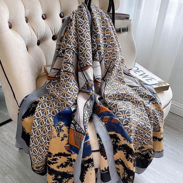 

scarves 2021 sunscreen silk print winter beach towel luxury 180x90cm letter shawls fashion cotton and bandanna, Blue;gray
