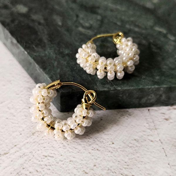 

hoop & huggie vintage gold color 19mm handmade beaded pearl earrings for women girls dainty cute small wired beadwork fashion jewelry, Golden;silver