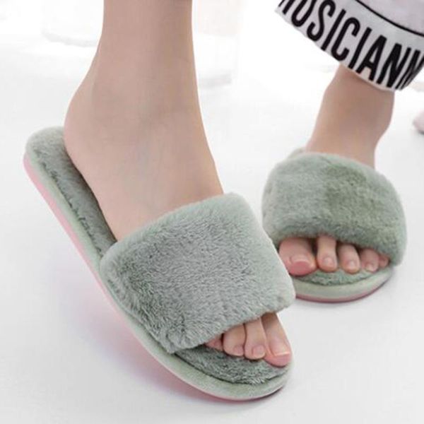 

fashion woman slippers winter shoes for women flats home open toe plush warm casual female slides ll989, Black
