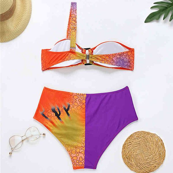 

splicing one shoulder female swimsuit high waist women swimwear two-pieces bikini set bule bather bathing suit swimby a
