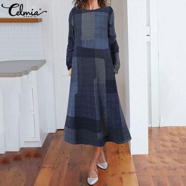 

casual dresses celmia women plaid midi dress autumn 2021 party fashion long sleeve pocket pleated checked loose work vestidos, Black;gray
