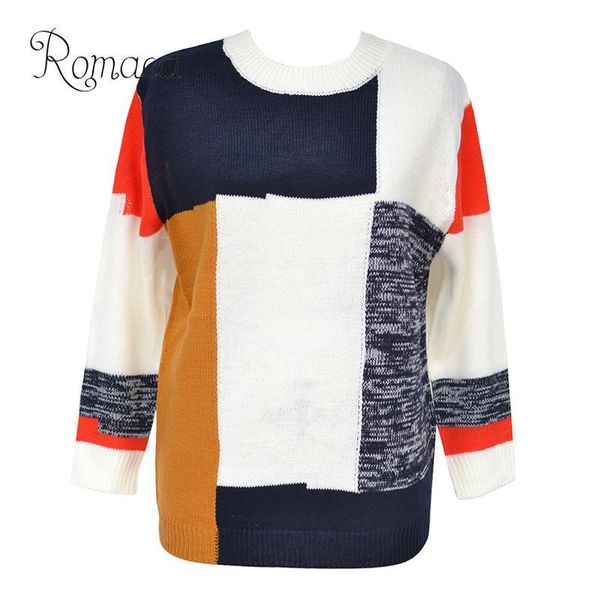 

women's sweaters romacci warm winter and pullovers autumn women knit sweater multicolor block o-neck long sleeve loose casual pullover, White;black