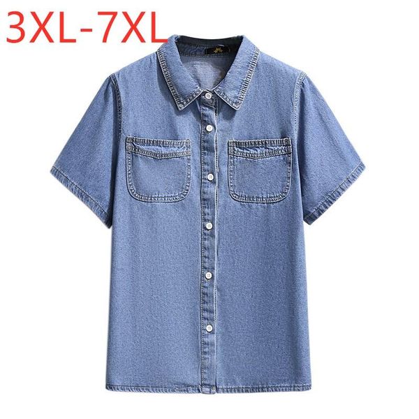 

women's blouses & shirts 2021 ladies summer plus size women clothing for large short sleeve loose cotton pocket blue denim shirt 7xl, White