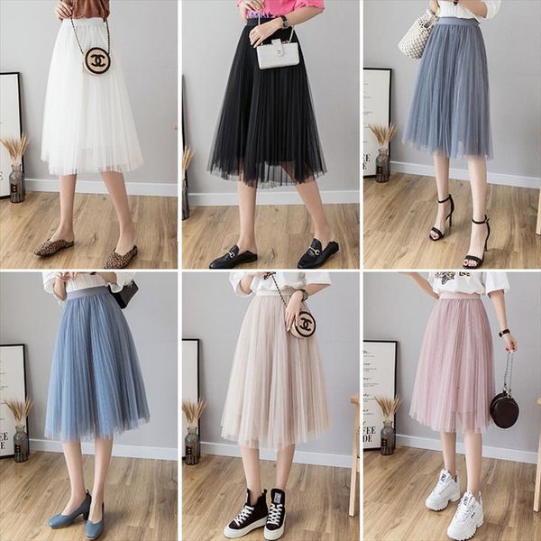 

tulle korean elastichigh waist mesh women skirt midi pleated black pink white