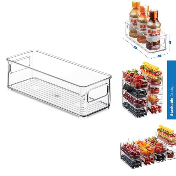 

refrigerator organizer bins, clear stackable plastic storage rack with handles for pantry, kitchen bottles & jars