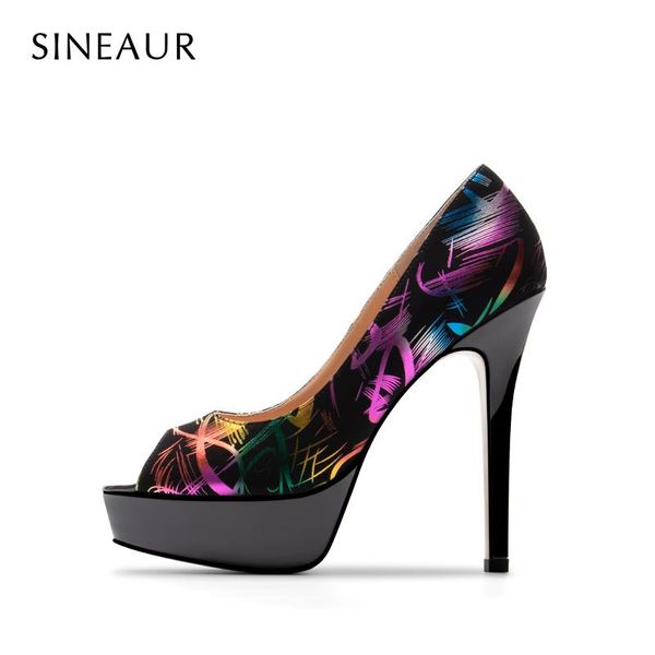 

dress shoes sineaur for women fashion color super high 13cm ladies thin heels peep-toe platform floral printed pu office party, Black