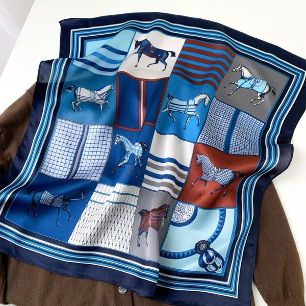 

scarves 2021 fashion 100% silk scarf satin hair for women handkerchief printed bag scarfs female square head bandana neck ladies, Blue;gray