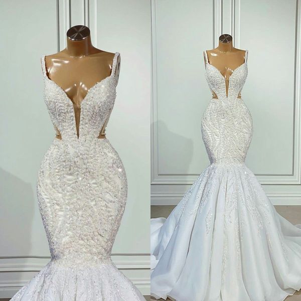 Luxuriöses, mit Perlen besetztes Meerjungfrau-Hochzeitskleid mit tiefem V-Ausschnitt, ärmellose Spitzenapplikationen, Brautkleider, Roben de Mari￩e, Strandbrautkleider