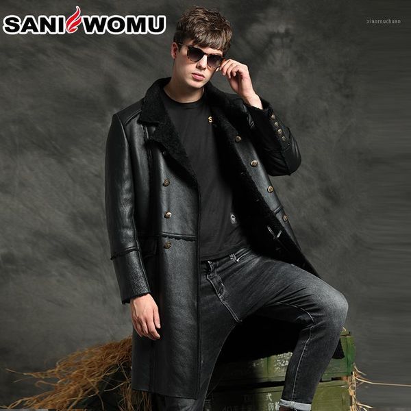 

men's leather & faux real sheepskin fur shearling overcoat for men long slim double breasted genuine coat smart casual thick winterer, Black