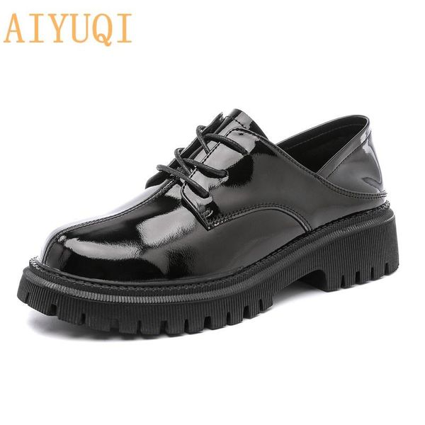

shoes women spring 2021 patent leather british style platform casual white fashion girl student dress, Black