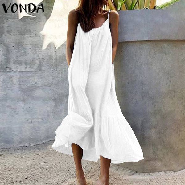 

2021bohemian sundres women dress 2021 vonda summer sleeveless maxi long dress beach holiday casual loose robe plus size vestidos, Black;gray