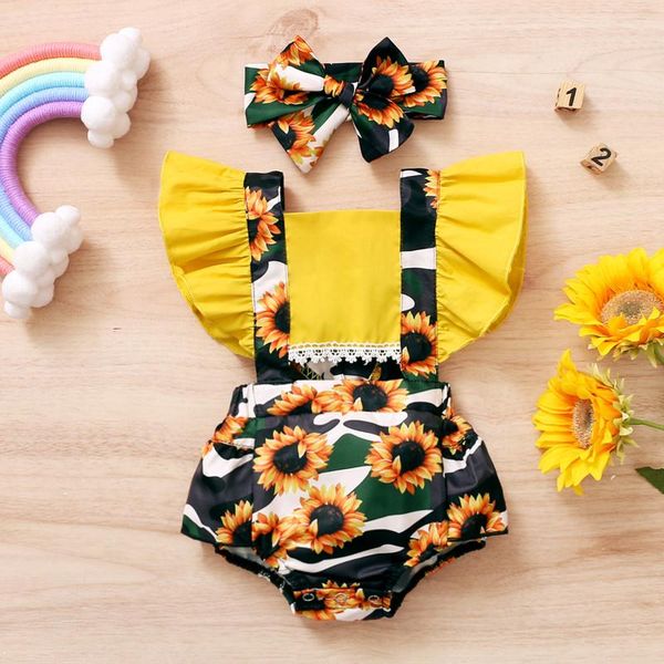 

rompers sunflower print bodysuits infant born baby girl clothes ruffle floral printed backless bodysuit+headbands, Blue