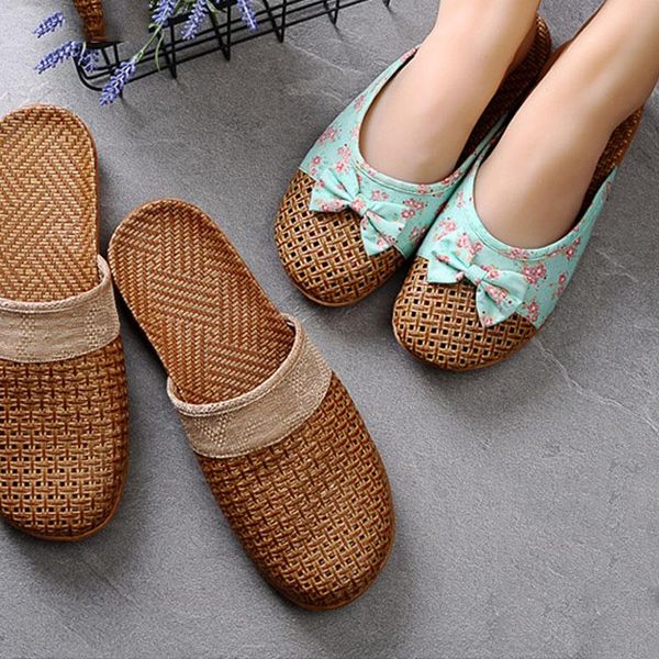 

slippers women flax 2021 casual slides floral bow linen indoor shoes woman summer sandals zapatillas de mujer, Black