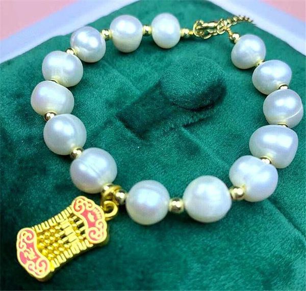 

beaded, strands habitoo pretty natural 9-10mm white baroque freshwater cultured pearl bracelet gold bead lucky pendant jewelry lobster clasp, Black