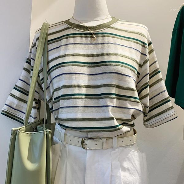 

fsshion contrast color striped tshirts woman simple o-neck all-match t shirt summer comfortable ladies short sleeve women's t-shirt, White