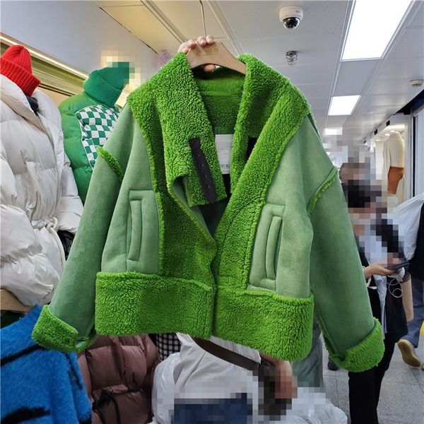 

women's fur & faux vintage green imitation lamb coat 2021 winter women casual motorcycle jacket female streetwear fashion ropa invierno, Black