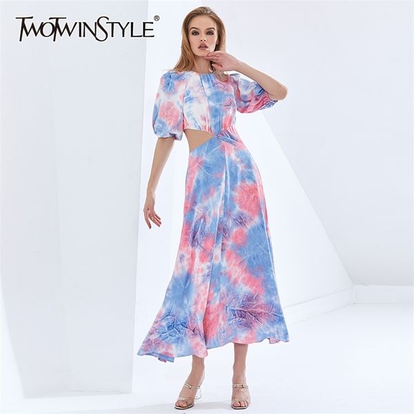 

tie-dye hit color women's dress o neck puff sleeve high waist hollow out summer dresses female womens clothing 210520, Black;gray