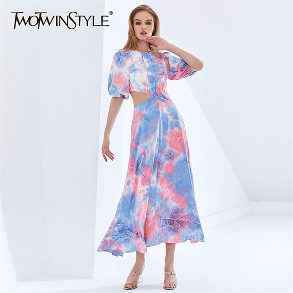 Tie-Dye Hit Color Dress Mulheres O Neck Slow Sleeve High Cintura Hollow Out Summer Vestidos Feminino Womens Roupas 210520