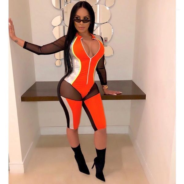 

women o-neck long sleeve mesh bodycon casual playsuit skinny patchwork summer rompers overalls1, Black;white