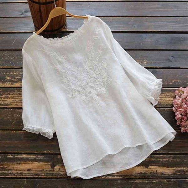 

100% cotton plus size women tshirt summer style half sleeve loose tee shirt vintage embroidery o-neck femme d346 210401, White