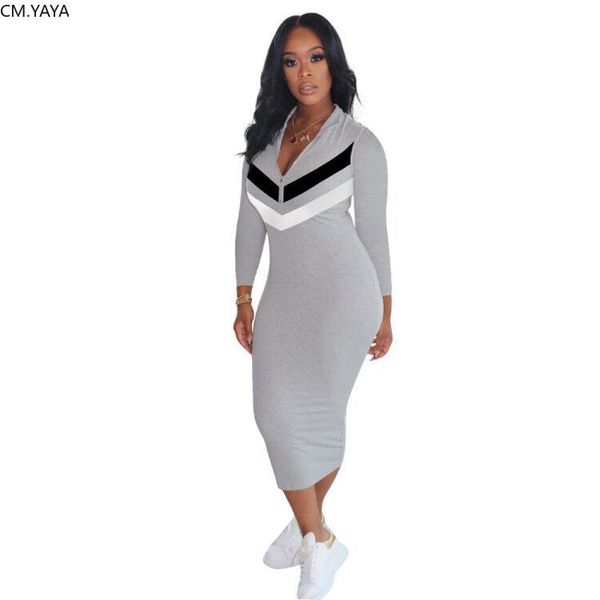 

2021cm.yaya autumn active wear long sleeve zipper up striped splicing women sports moto biker bodycon midi dress vestidos, Black;gray
