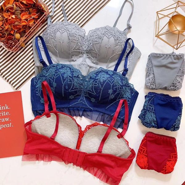 

bras sets lace women straps bra seamless underwear set fine embroidery elegant bamboo brassiere gather push up japan, Red;black