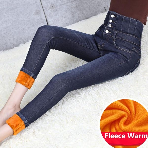 

women's jeans wkoud women fleece winter warm denim pencil pants high waist 4 button skinny blue streetpants fashion thicktrousers p1229