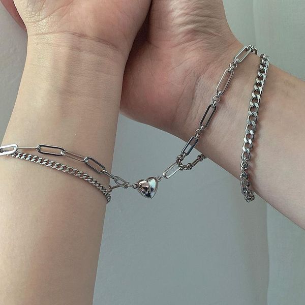

link, chain stylish couple jewelry creative heart stainless steel bracelet fashion women men accessories, Black