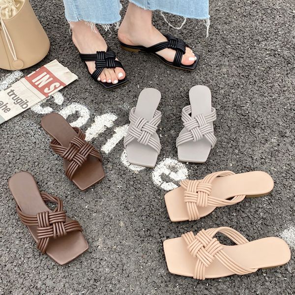 

2021 Slippers Women Fashion Weave Flat Heel Slides Sandals Shoes Casual Square Toe Female Flip Flops Summer Outdoor Beach Shoes, Khaki