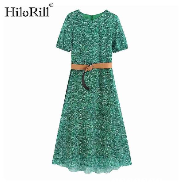 

printed chiffon dress with belt women o neck lantern short sleeve party es ladies vintage casual long 210508, Black;gray