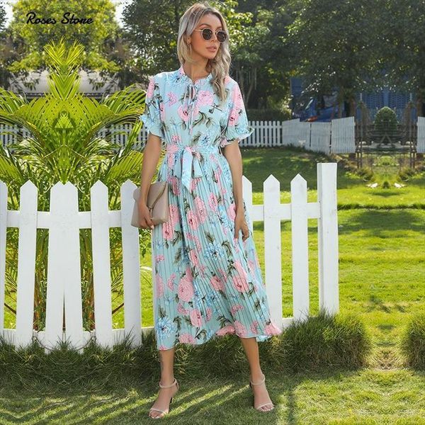 

summer elegant floral pleated womens dresses pink green long boho belt with short ruffle sleeve holiday beach clothes, Black;gray