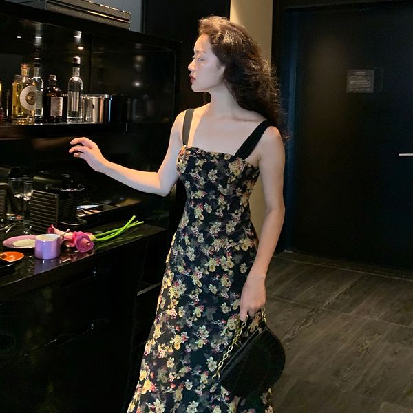 

casual dresses black french flower summer , sexy, strap, backless, holiday beach skirt, 2021, Black;gray