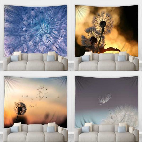 Taquestres Planta paisagem grande tapeçaria Dusk Dandelion Flower Flor Sementes voadoras de água brilhante Padrão de decoração de casa Cobertores pendurados