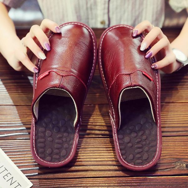 

slippers genuine leather women's spring indoor couple's casual anti-slip household shoes men's four seasons home, Black