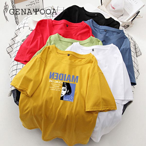 

genayooa print cotton o-neck loose funny shirts women harajuku vintage oversized t shirt plus size femme 210417, White