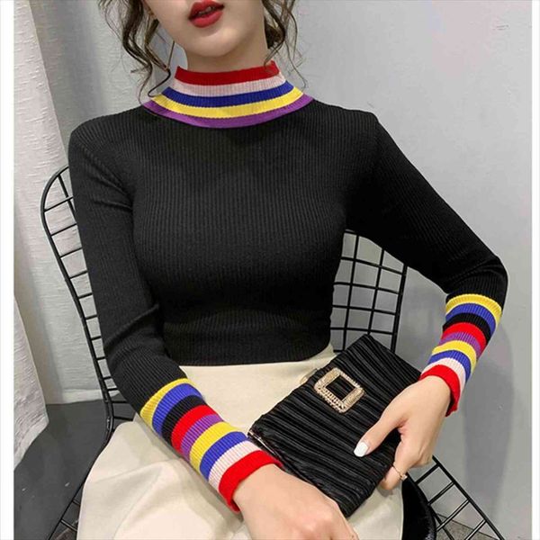 

autumn winter women sweater slim fit knitted casual stripe jumpers long sleeve cotton pullovers femme cashmere, White;black