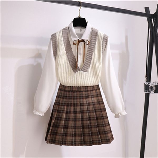 

two piece dress autumn casual three pices set sweater vest+ long sleeve white blouse+ a line plaid mini skirt student style sweet