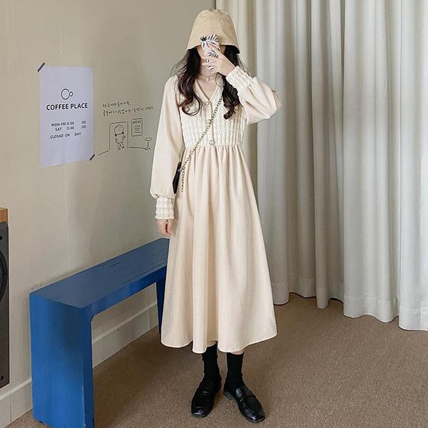 

casual dresses vintage beige/black knit patchwork midi dress women elegant v-neck long sleeve a-line vestidos female autumn winter fashion, Black;gray