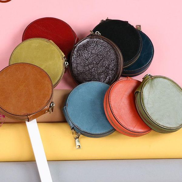 

cute retro zipper small purse genuine leather round coin first layer cowhide wallets, Red;black