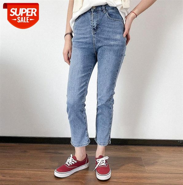 

li zhiqi korean style light blue straight-leg jeans women retro high-waisted thin pipe small slit cropped trousers 110549 #du16, Black;gray